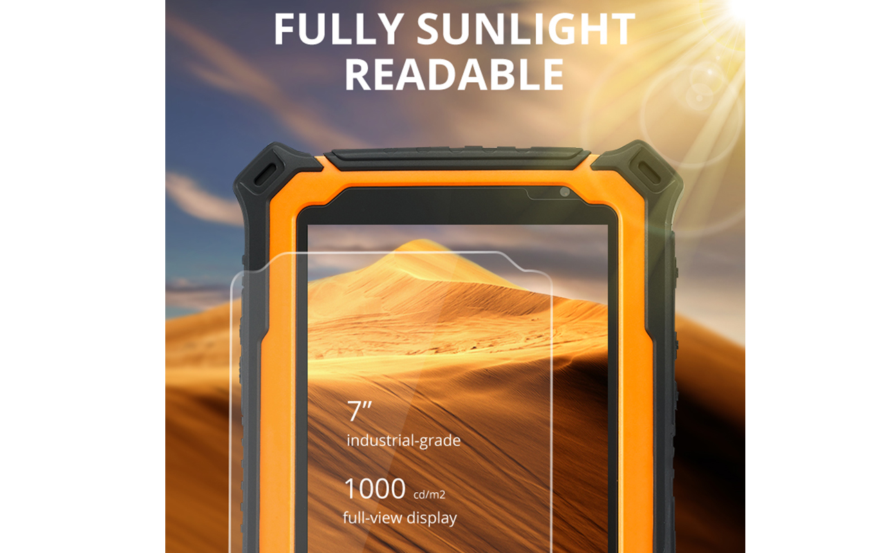 T71 je 7palcový tablet se systémem Android s displejem odolným vůči slunečnímu záření, odolným proti pádu 2200 nitů a čtečkou RFID