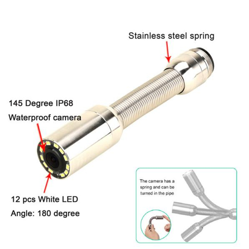 The 145 degree IP68 waterproof camera comes with a stainless steel spring ,which makes it easy to enter into the complex pipe network.Besides the around adjustable LED li ( (7)